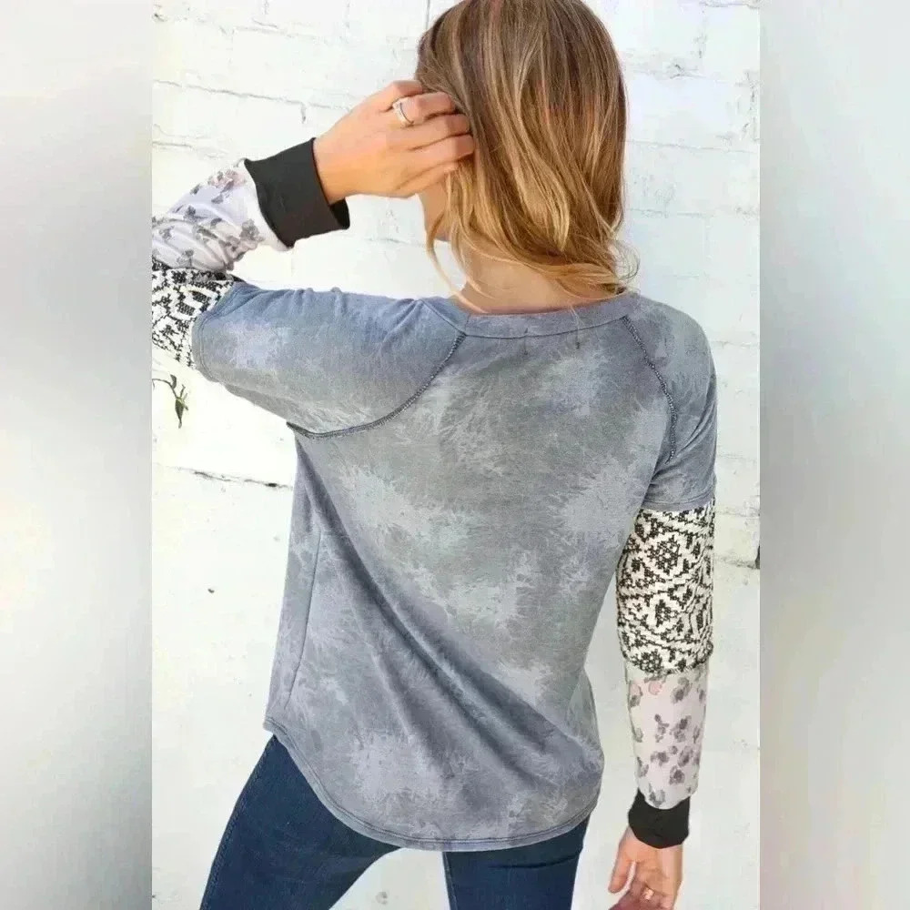 Tie Dye Aztec Color Block Raglan Out Seam Top - Picture 2 of 2